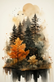 Akvarelová malba stromů a létajících ptáků
