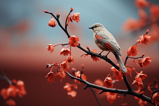 Pták na větvi s květy