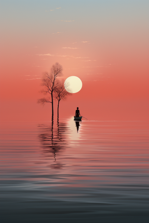Osoba na lodi ve vodě se stromem a západem slunce