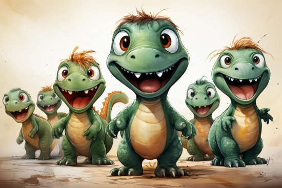 skupina kreslených dinosaurů