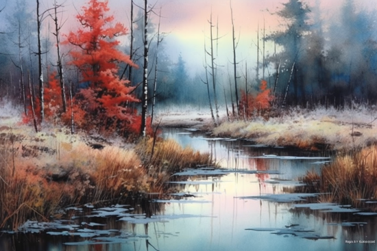 Akvarelová malba řeky se stromy a trávou