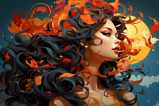 žena s dlouhými černými vlasy a oranžovými listy