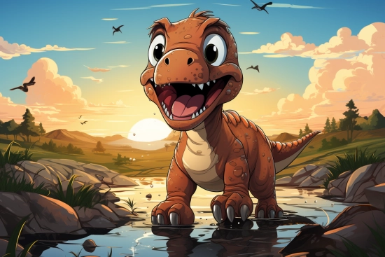 kreslený dinosaurus stojící ve vodě
