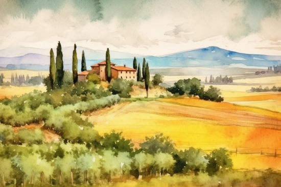 Akvarelová malba domu na kopci