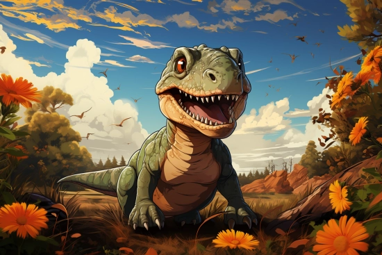 kreslený dinosaurus na poli