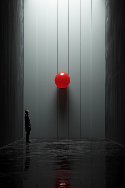 Muž stojící v tmavé místnosti s červenou koulí.