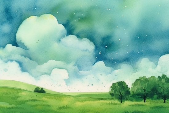 Akvarel krajiny se stromy a mraky