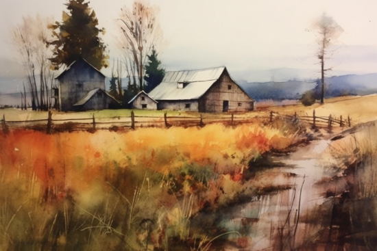 Akvarelová malba farmy s plotem a domem v pozadí
