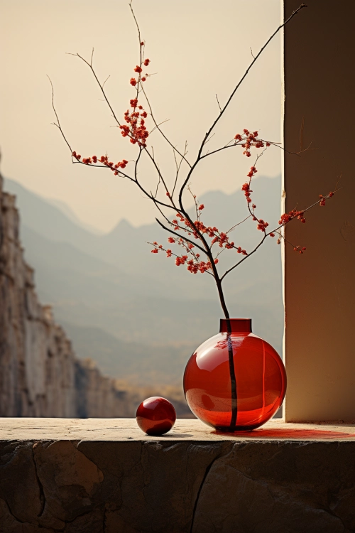 červená váza s větvičkou a míčem před oknem.